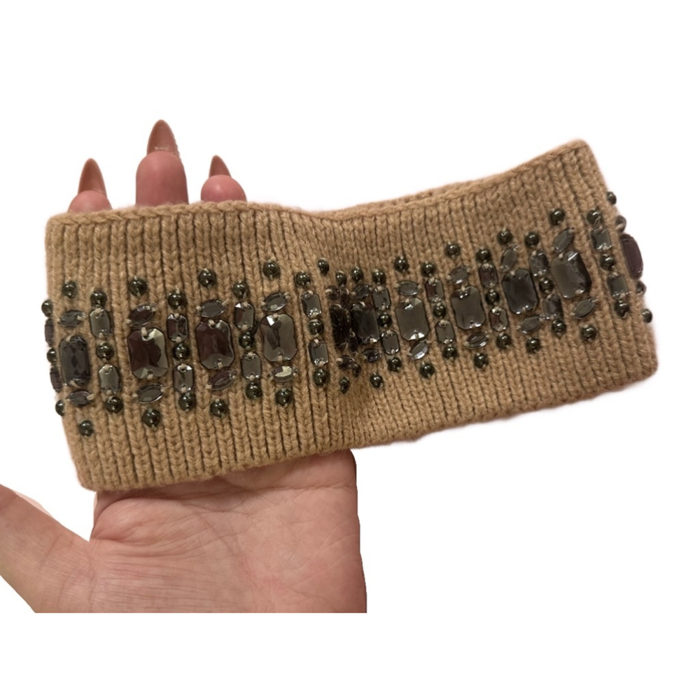 Express Rhinestone Knit Headband Embellished Ear Warmers Mauve Pink/Tan One Size